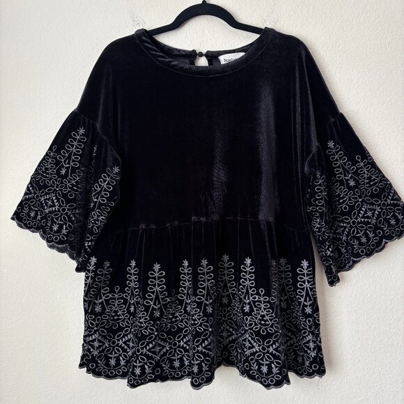 Savanna Jane Boho Velvet Embroidered Scalloped Trim Peplum Blouse Top - Picture 1 of 9